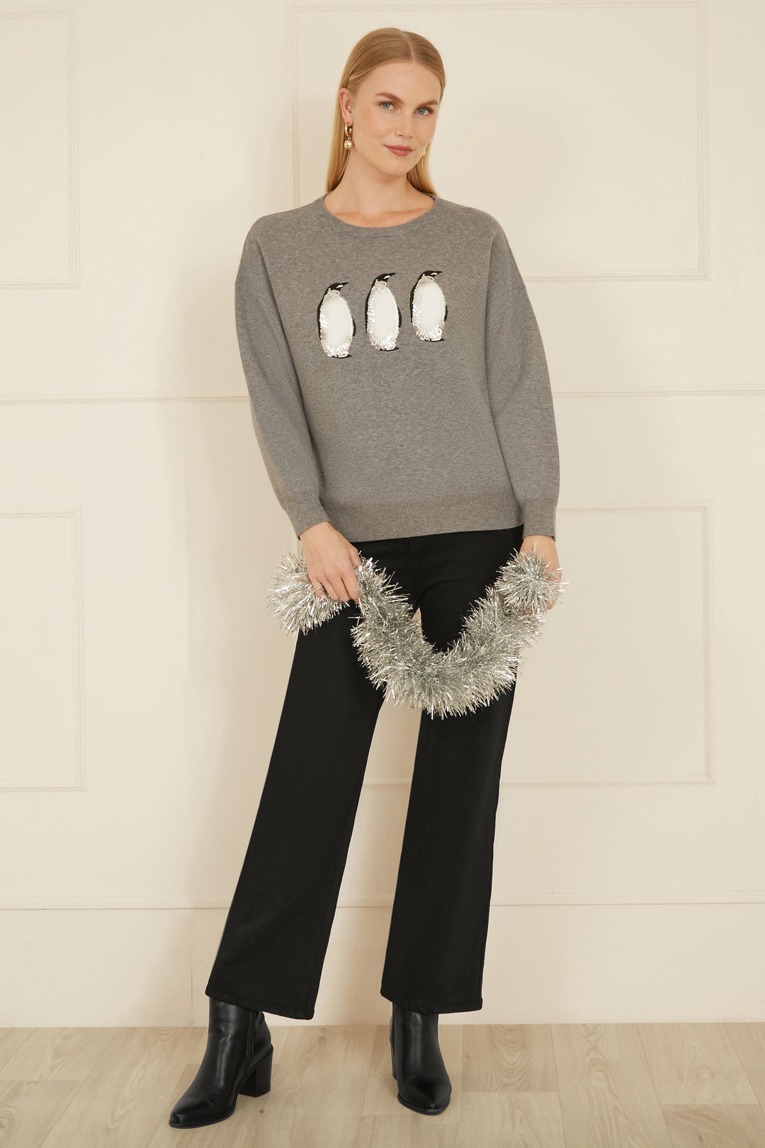 Yumi Grey Christmas Festive Penguin Knitted Jumper