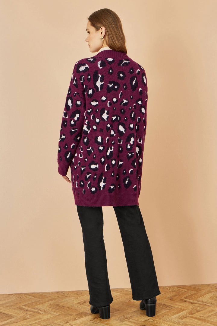 Yumi Burgundy Animal Intarsia Long Cardigan