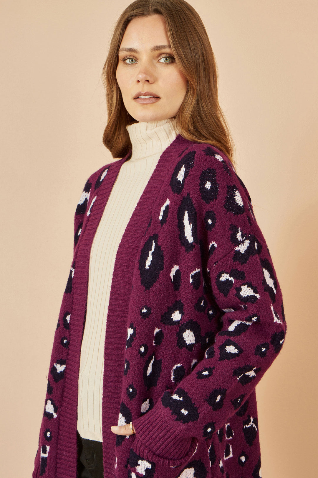 Yumi Burgundy Animal Intarsia Long Cardigan