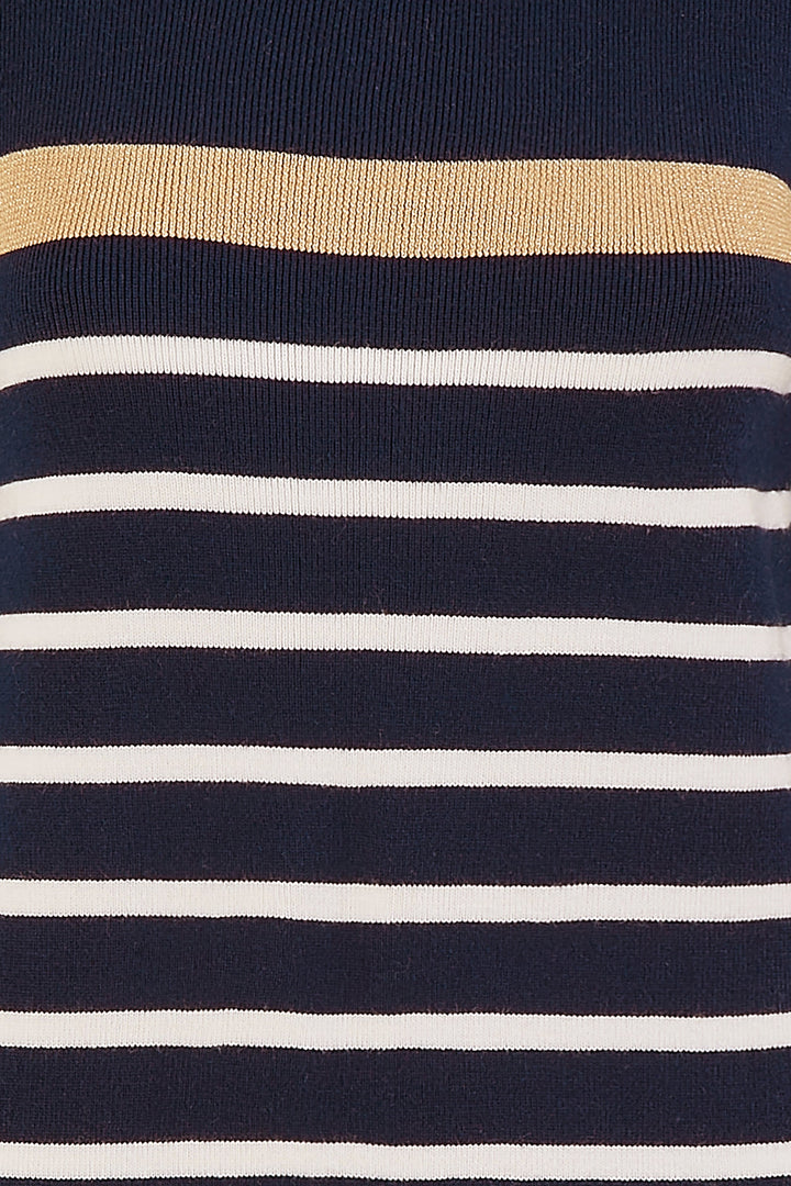 Yumi Navy Striped Knitted Dress With Button Cuff Detail