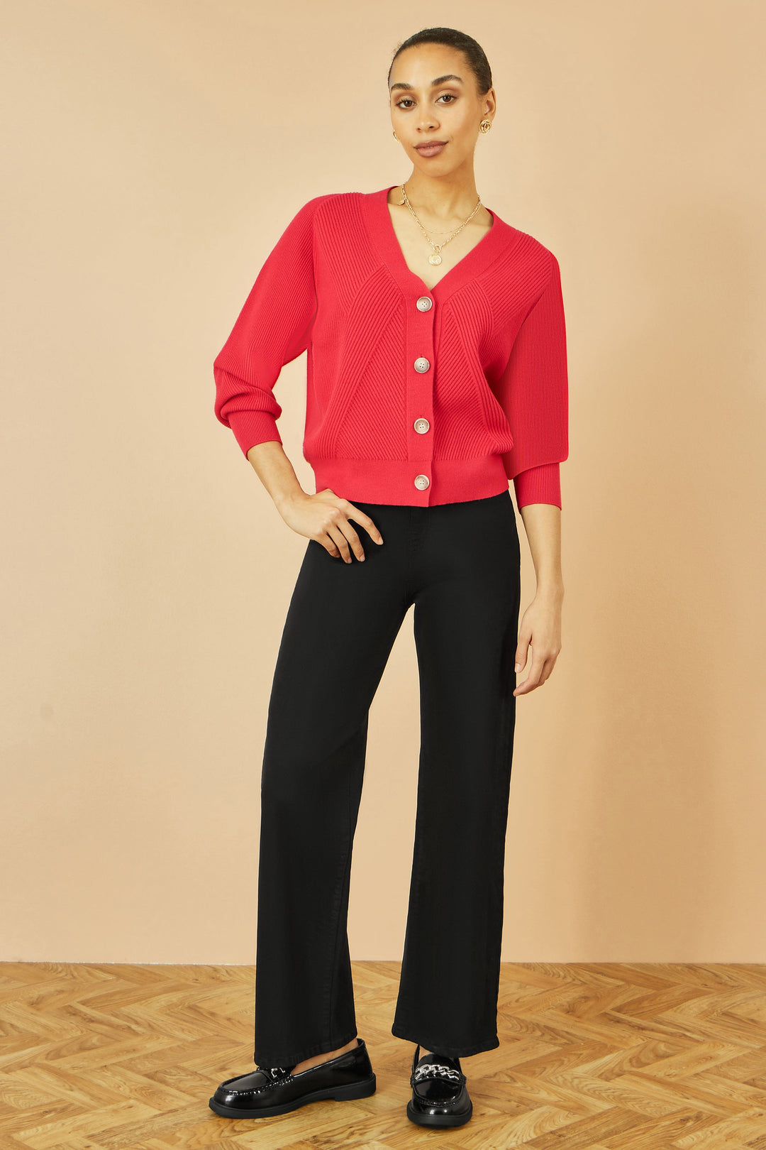 Yumi Red Relaxed Fit Cardigan With Stitch Detail