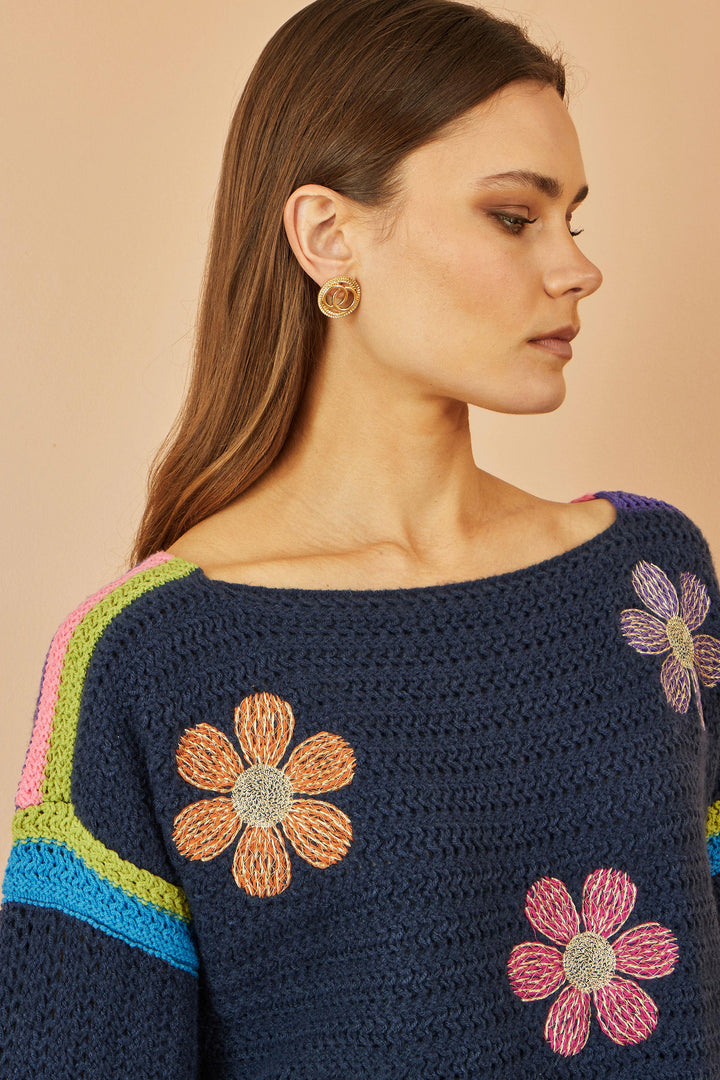 Yumi Navy Crochet Flower Jumper