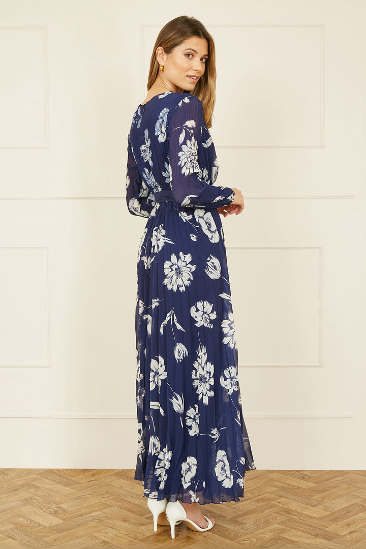 Yumi Navy Floral Pleated Midi Wrap Long Sleeve Dress