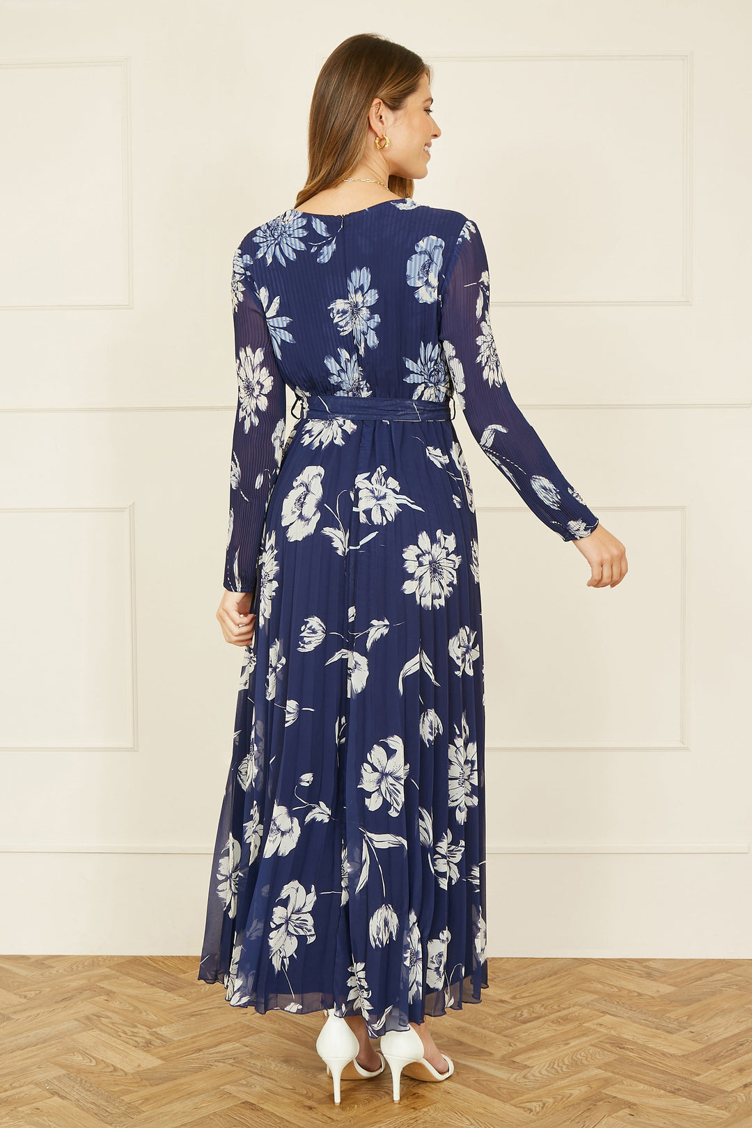 Yumi Navy Floral Pleated Midi Wrap Long Sleeve Dress