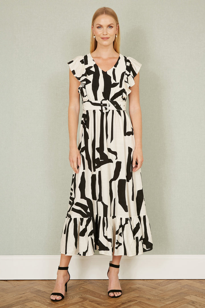 Yumi Ivory Abstract Print Viscose Midi Dress With Matching Belt