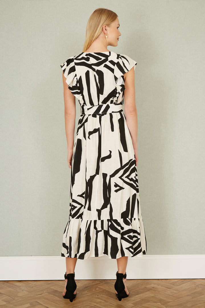 Yumi Ivory Abstract Print Viscose Midi Dress With Matching Belt
