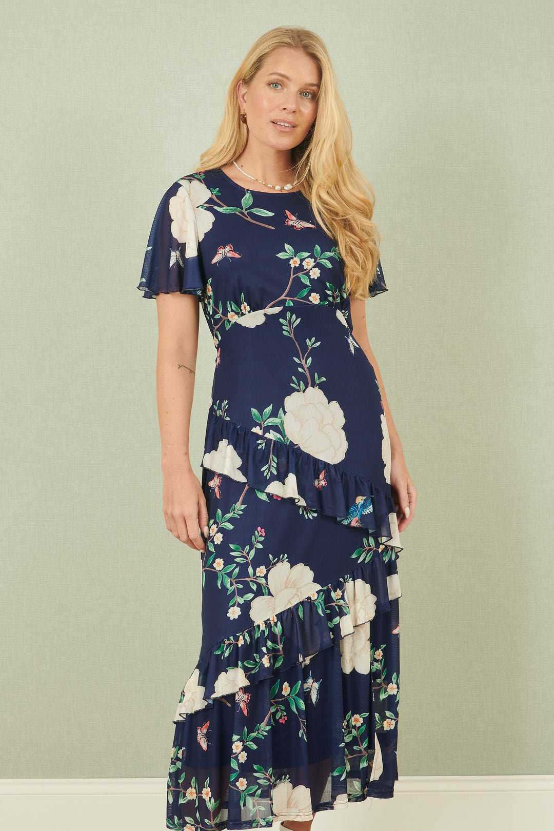 Yumi Navy Mesh Bird And Floral Print Midi Dress With Ruffles