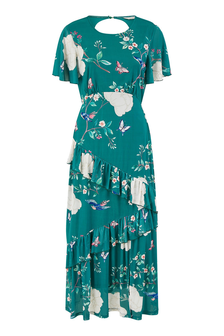 Yumi Green Mesh Bird And Floral Print Midi Dress With Ruffles