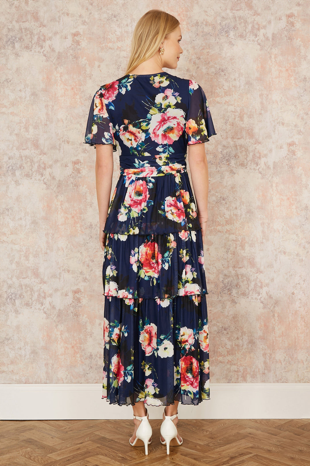 Yumi Navy Floral Mesh Tiered Maxi Dress