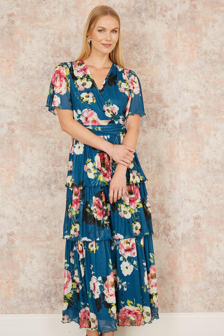 Yumi Green Floral Mesh Tiered Maxi Dress