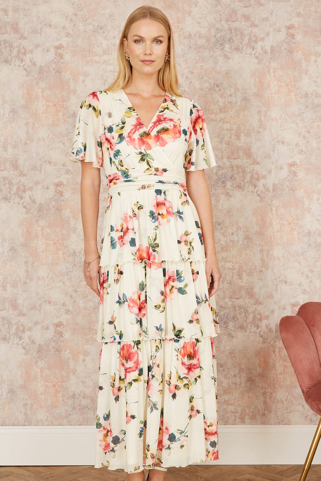 Yumi Ivory Floral Mesh Tiered Maxi Dress