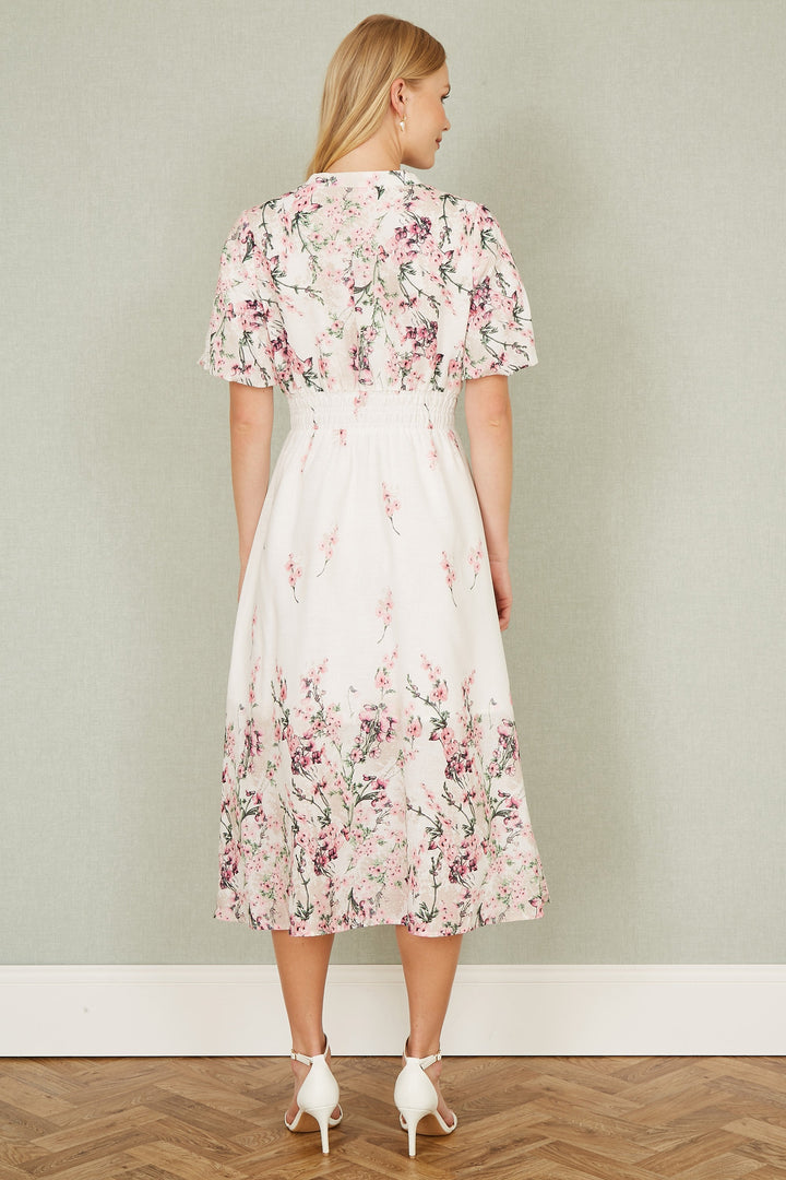 Yumi White Mirrored Floral Button Up Midi Dress With Ruched Waist