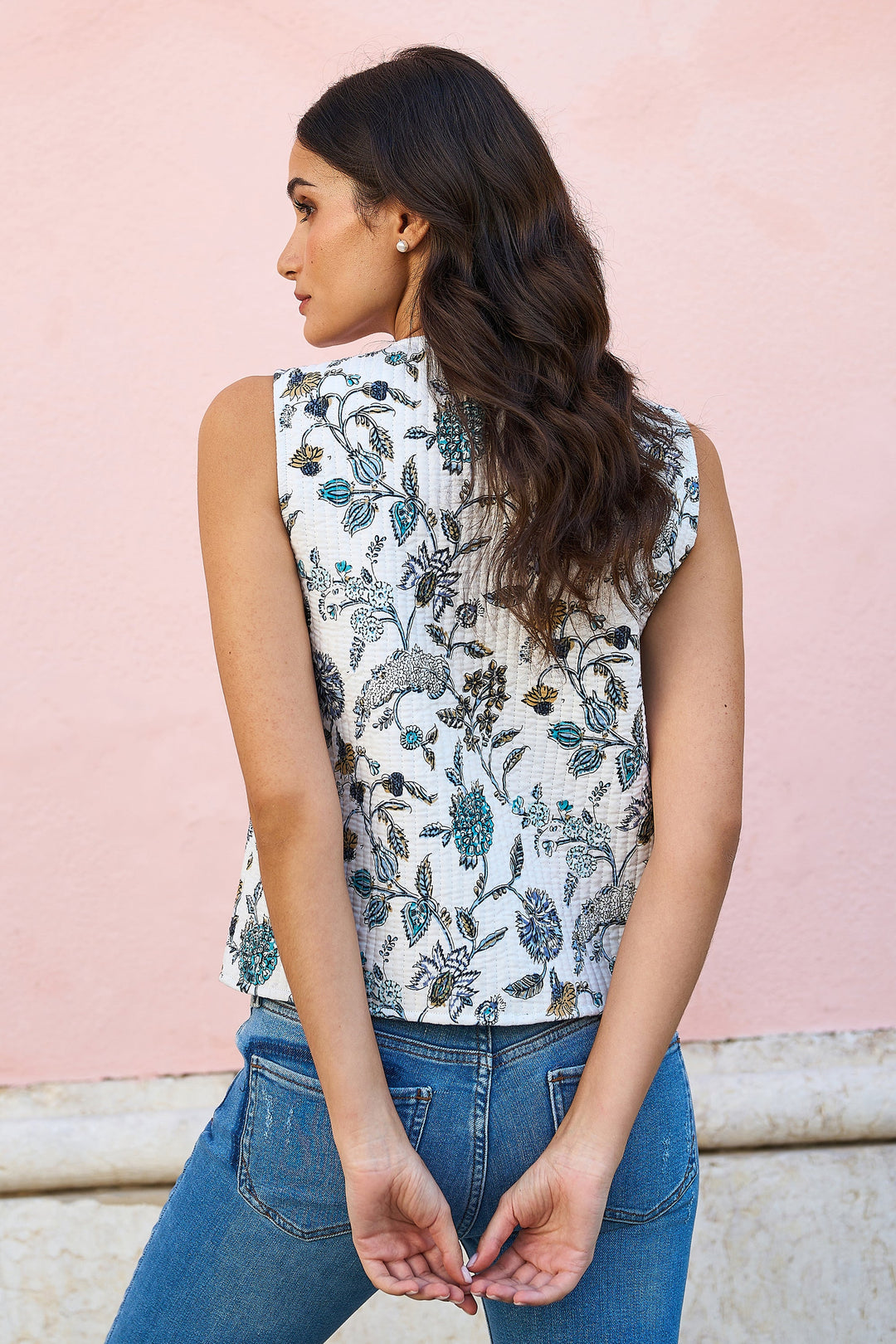 Yumi Blue Leaf Reversible Cotton Quilted Waistcoat