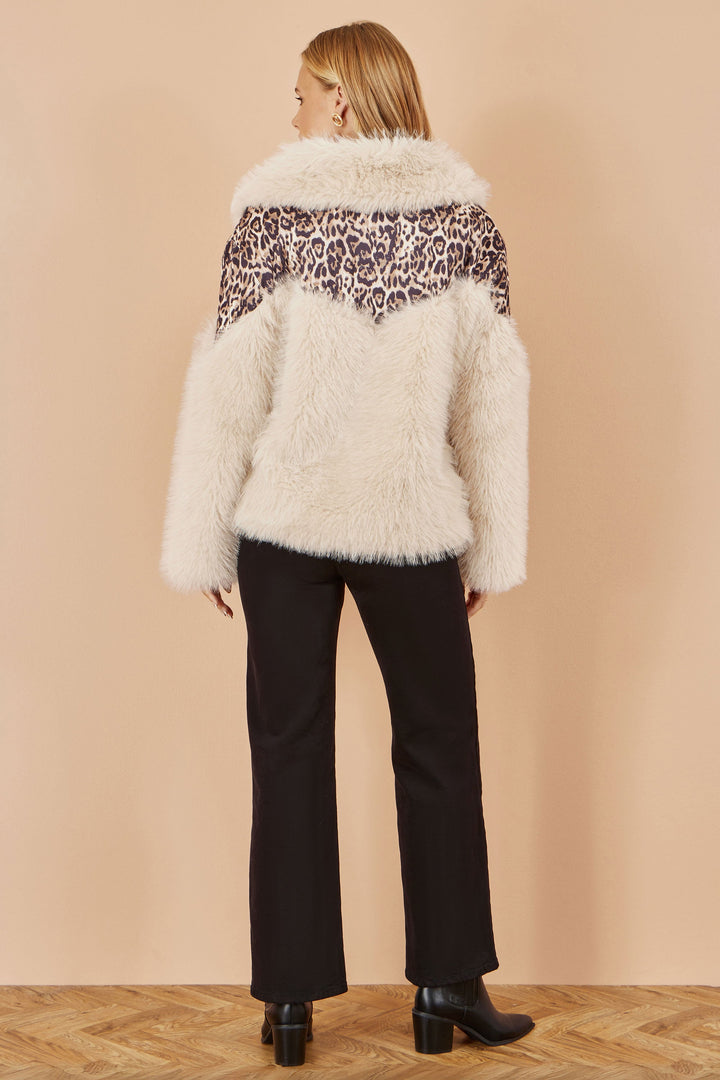 Yumi Cream Fur Biker Jacket With Leopard Print