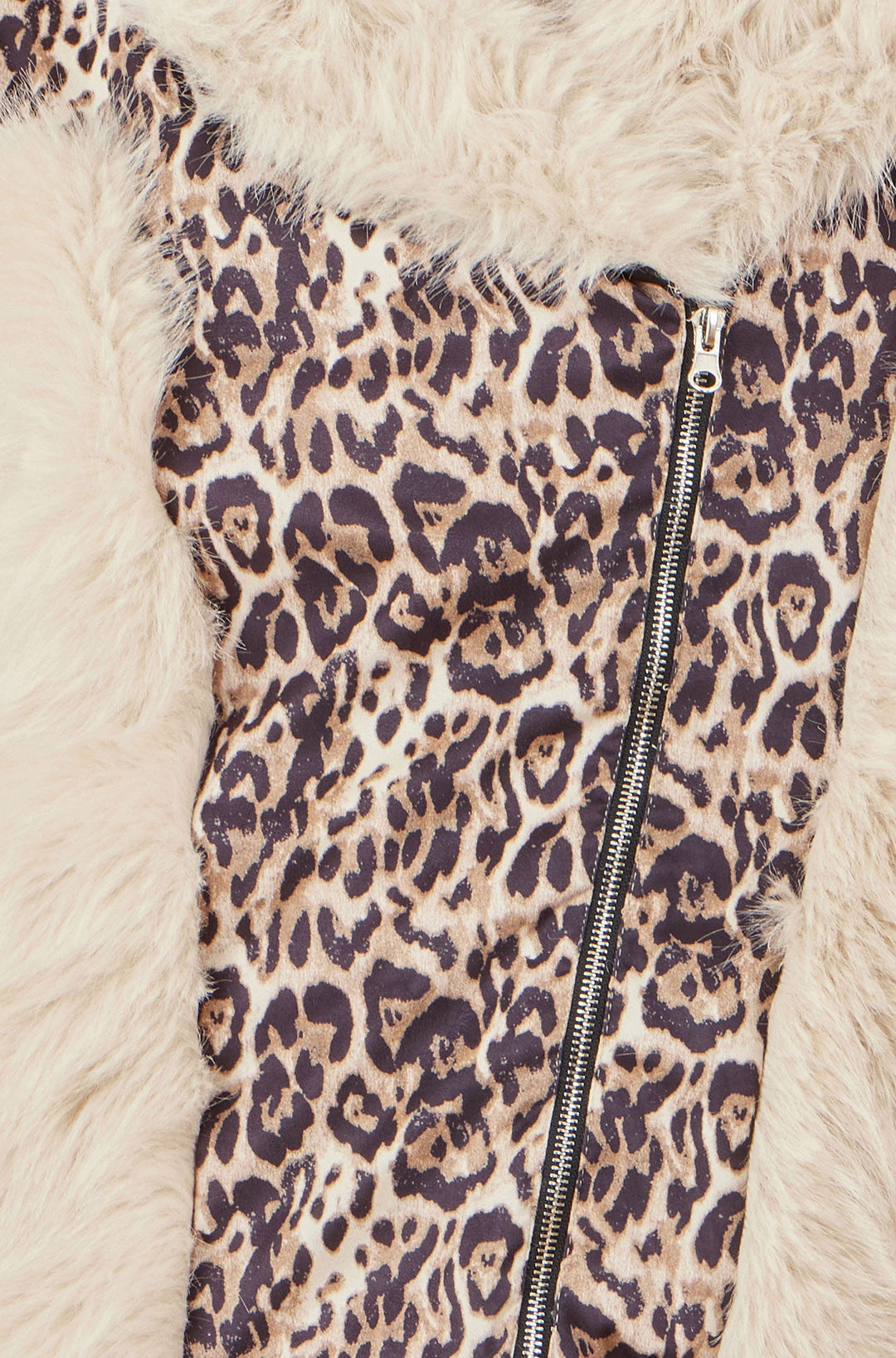Yumi Cream Fur Biker Jacket With Leopard Print
