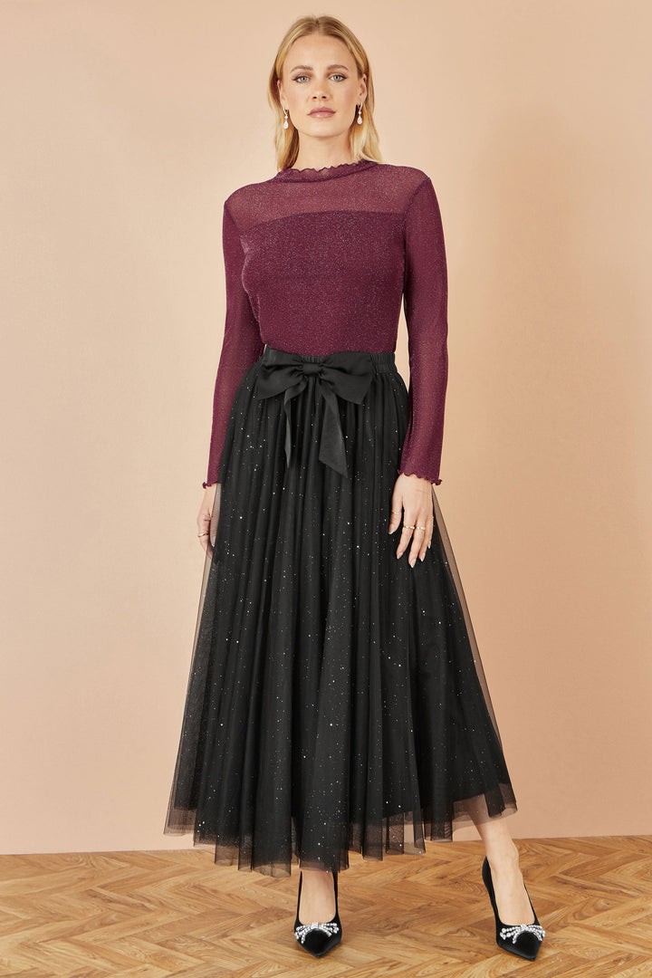 Yumi Black Sparkle Mesh Tulle Skirt With Satin Bow