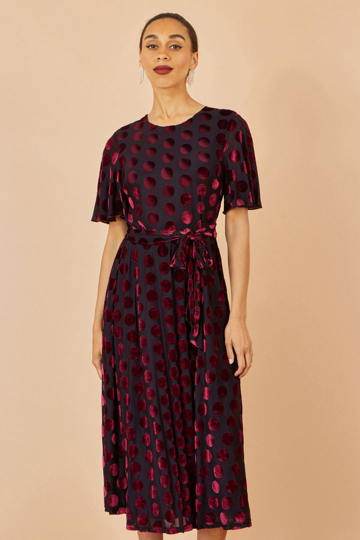 Yumi Burgundy Velour Spot Midi Skater Dress