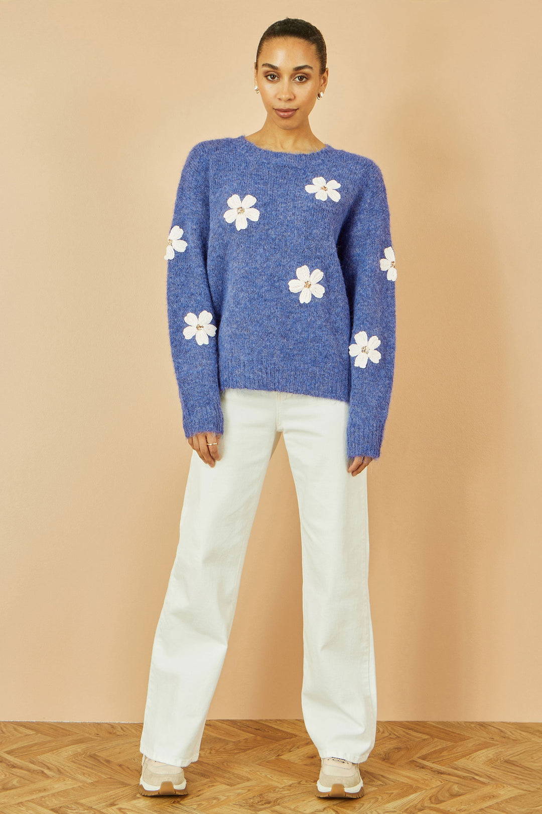Yumi Blue Relaxed Jumper With Crochet Flowers
