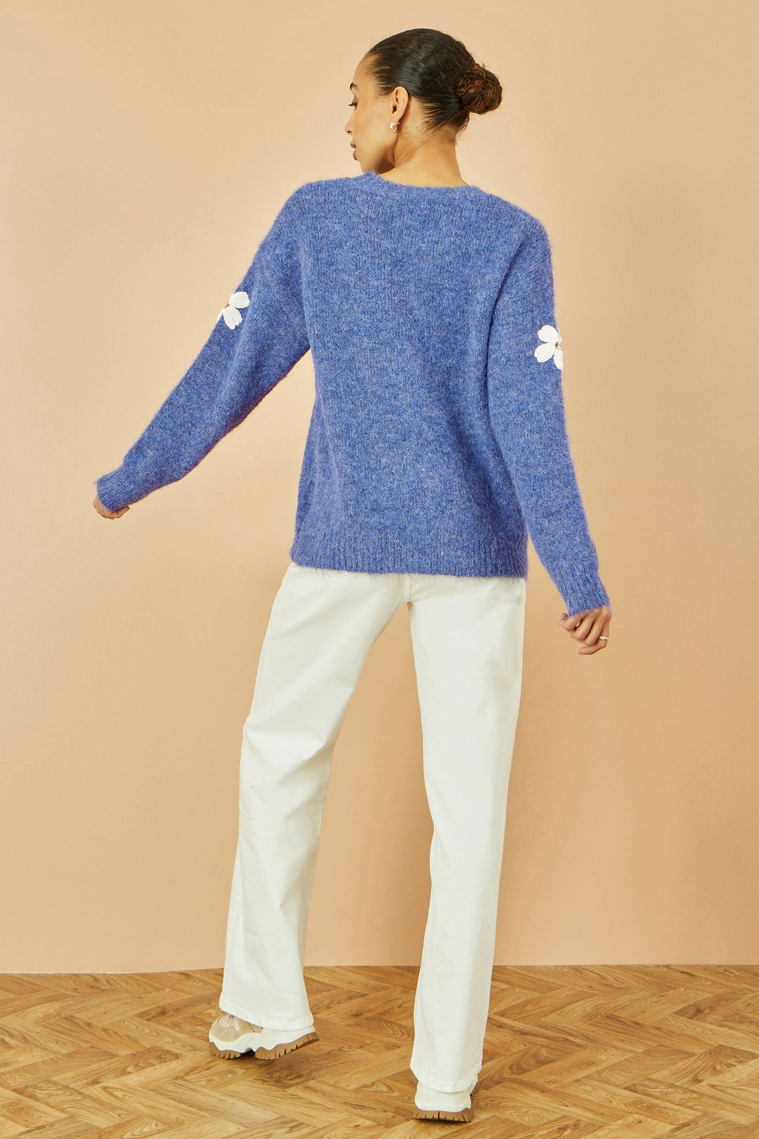 Yumi Blue Relaxed Jumper With Crochet Flowers