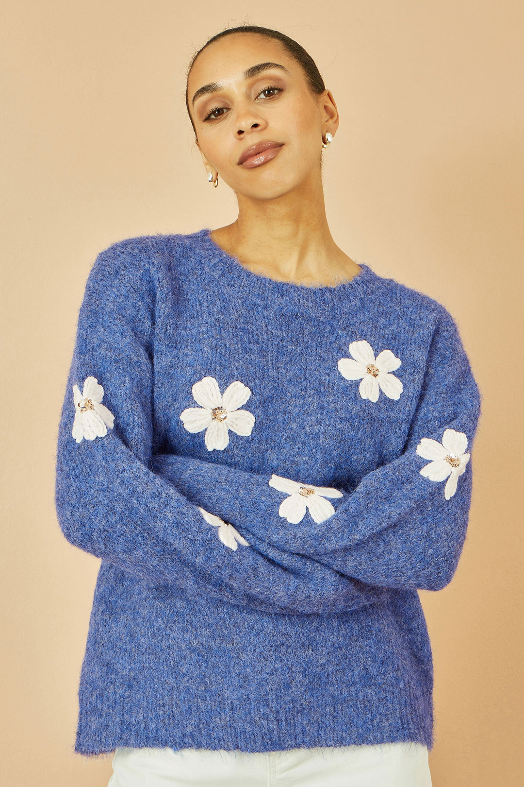 Yumi Blue Relaxed Jumper With Crochet Flowers