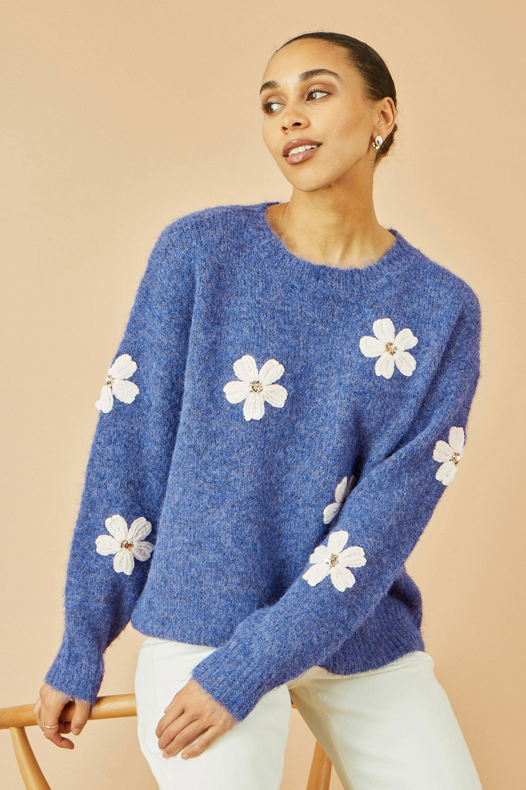 Yumi Blue Relaxed Jumper With Crochet Flowers