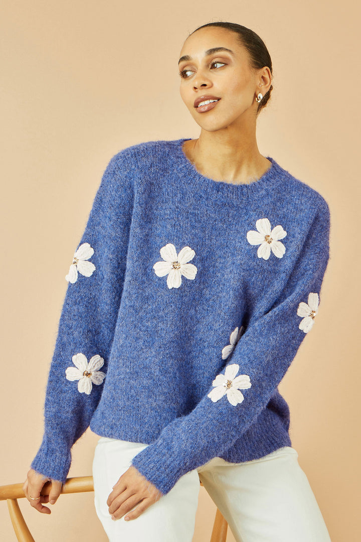 Yumi Blue Relaxed Jumper With Crochet Flowers