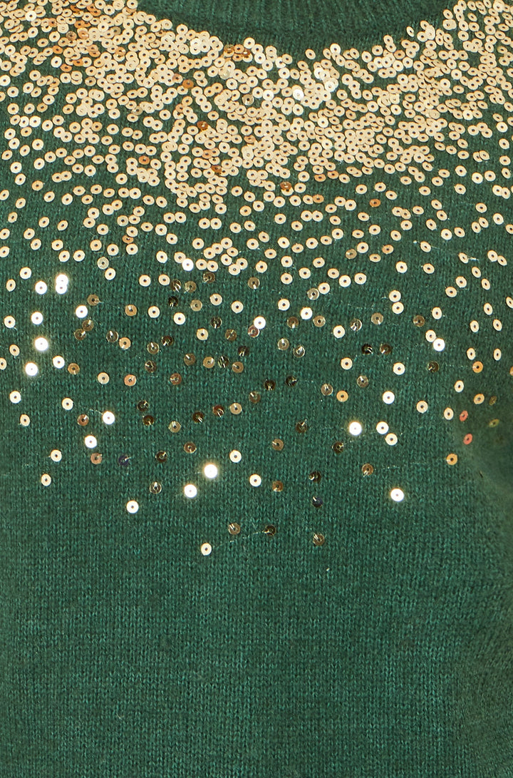 Yumi Green Relaxed Knitted Jumper With Scattered Sequin Neckline