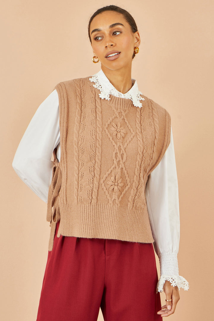 Yumi Camel Flower Cable Knit Tie Side Pullover