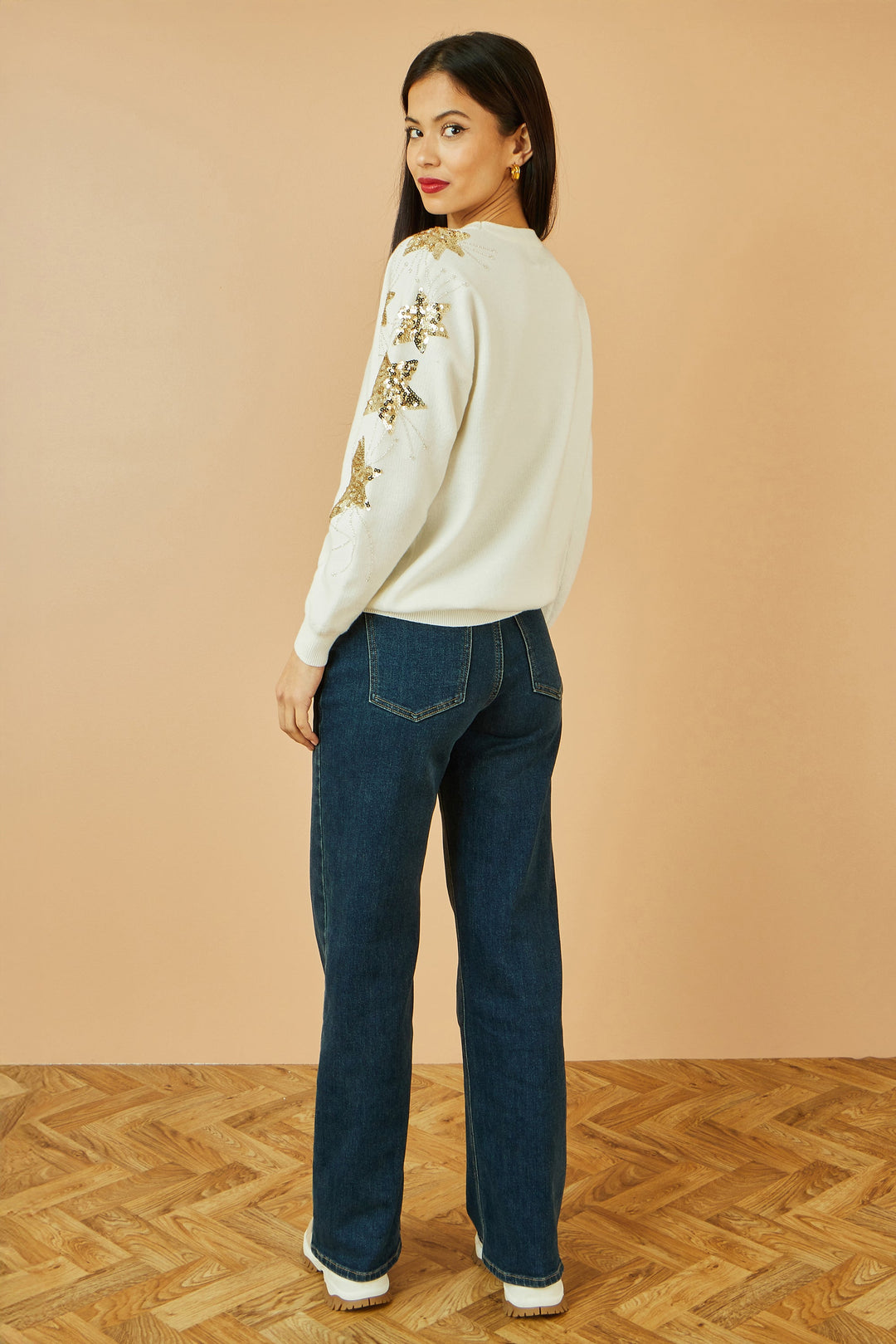 Yumi White Relaxed Fit Jumper With Sequin Star Sleeves