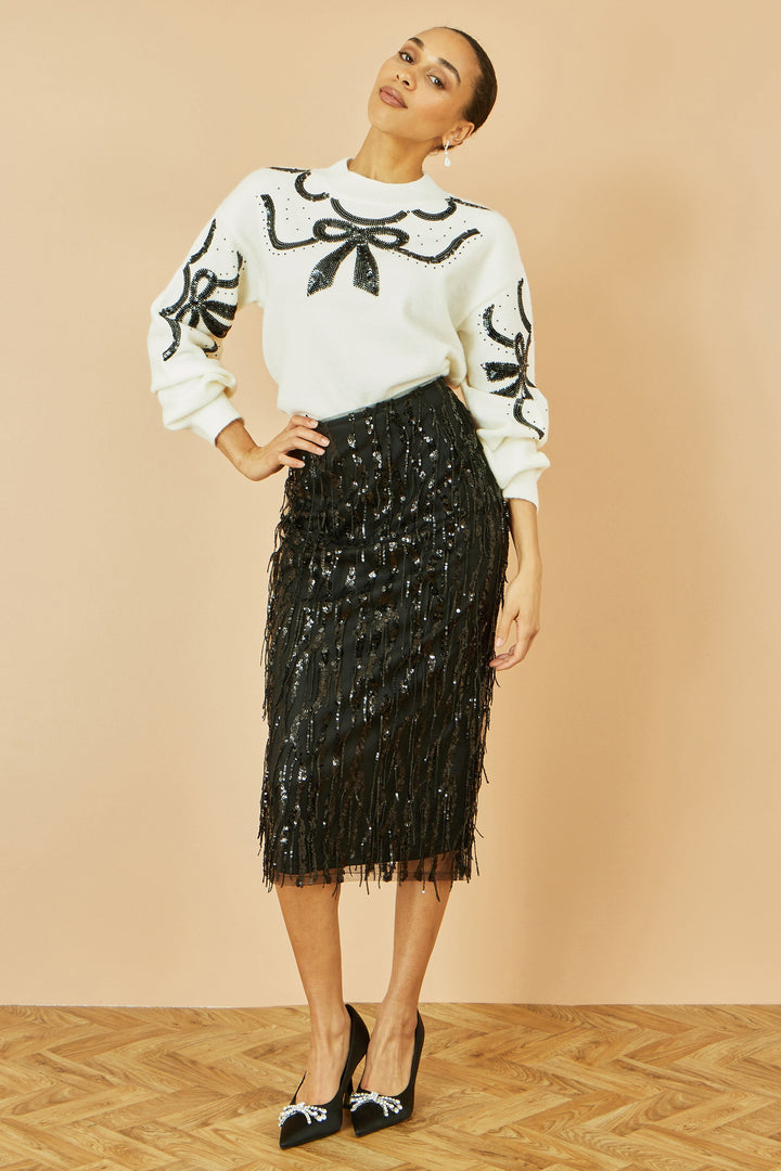 Yumi White Sequinned Bow Neckline Jumper