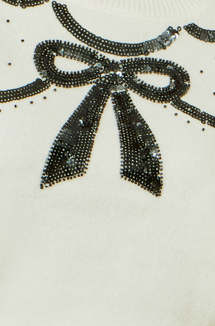 Yumi White Sequinned Bow Neckline Jumper