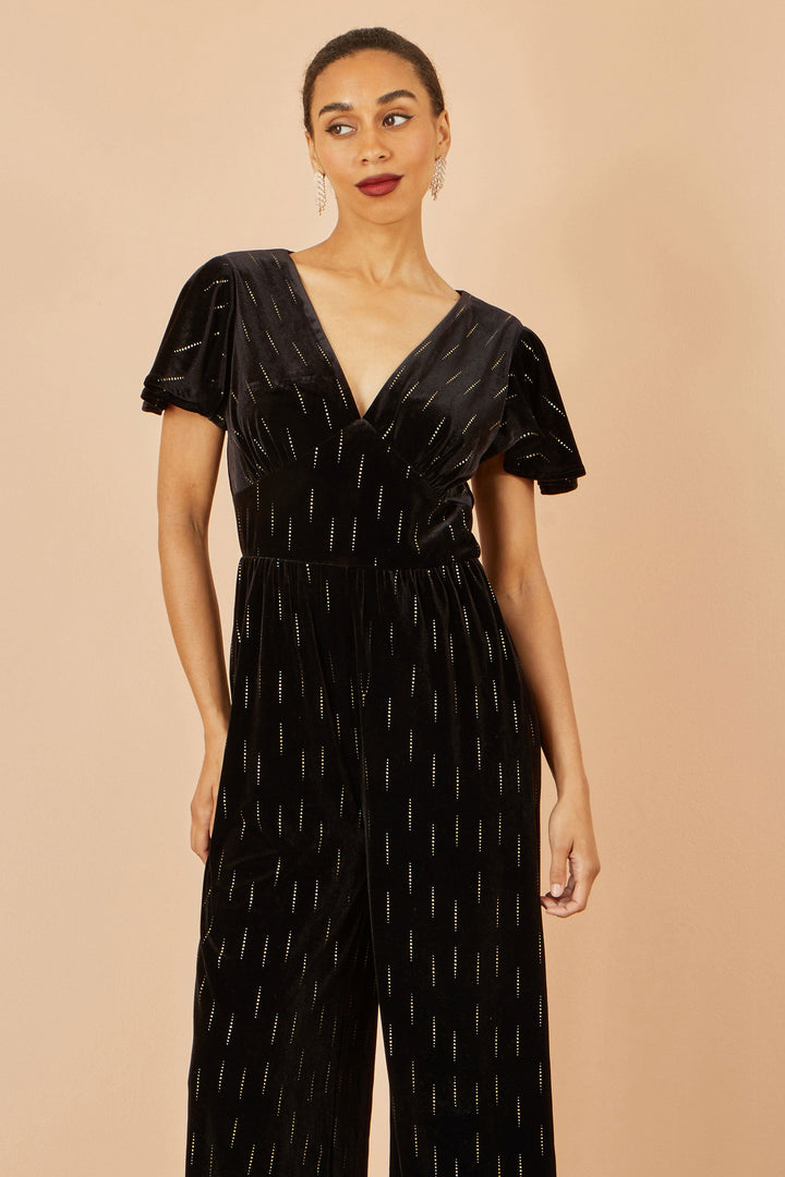 Yumi Black Foil Print Velvet Jumpsuit