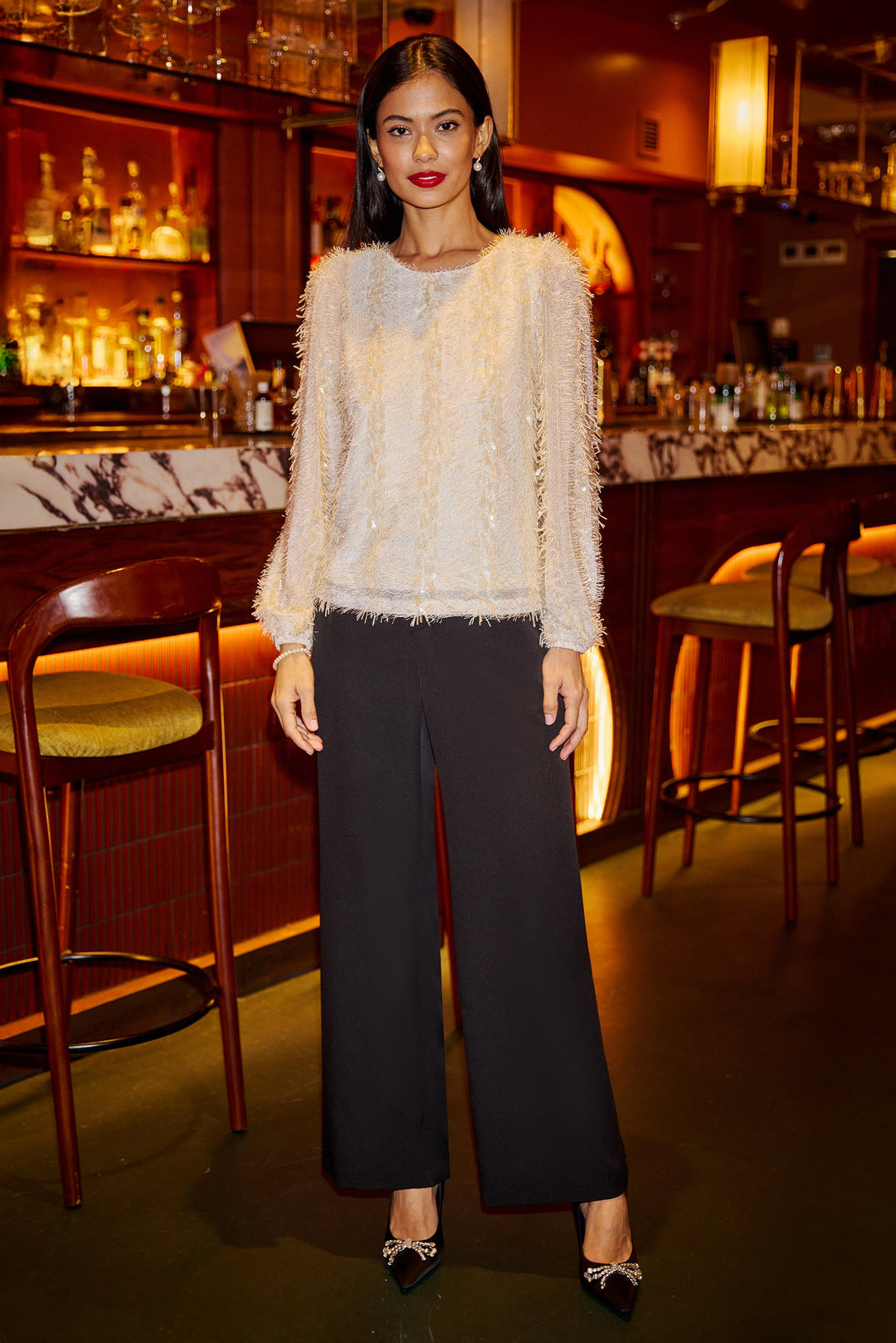 Yumi Ivory Hanging Sequin Long Sleeve Top