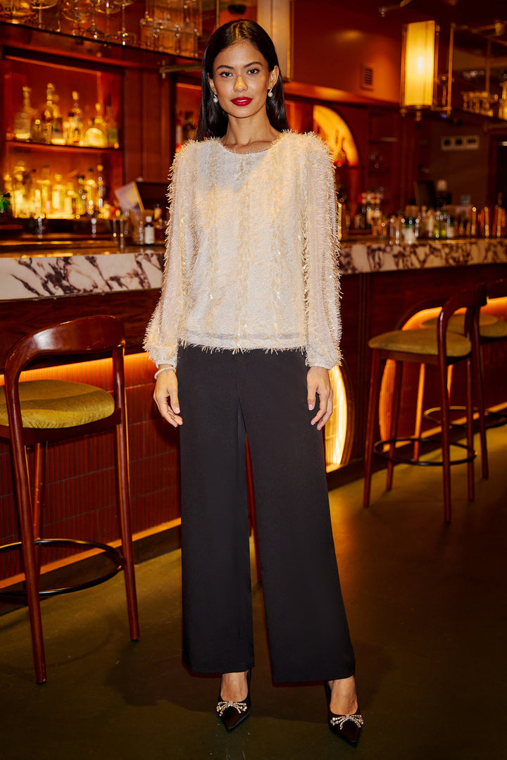 Yumi Ivory Hanging Sequin Long Sleeve Top