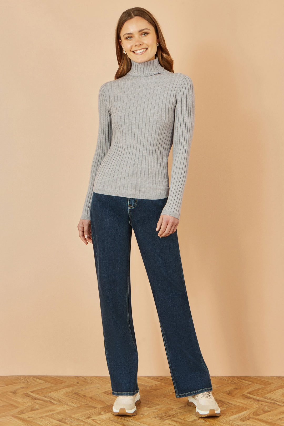 Yumi Grey Ribbed Knit Roll Neck Jumper