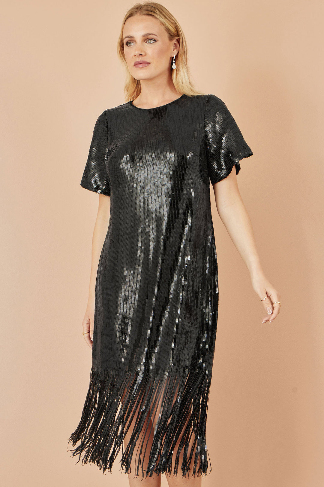 Yumi Black Sequin Tassels Hem Midi Tunic Dress