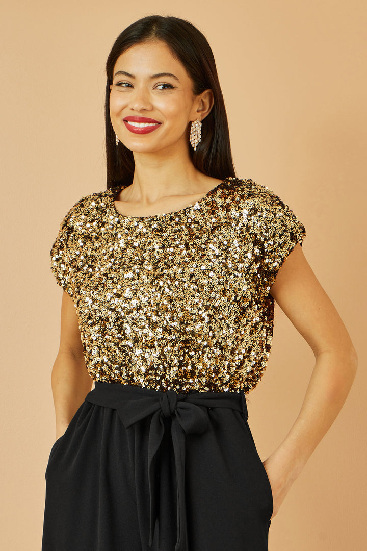 Yumi Gold Sequin Top Stretch Jumpsuit