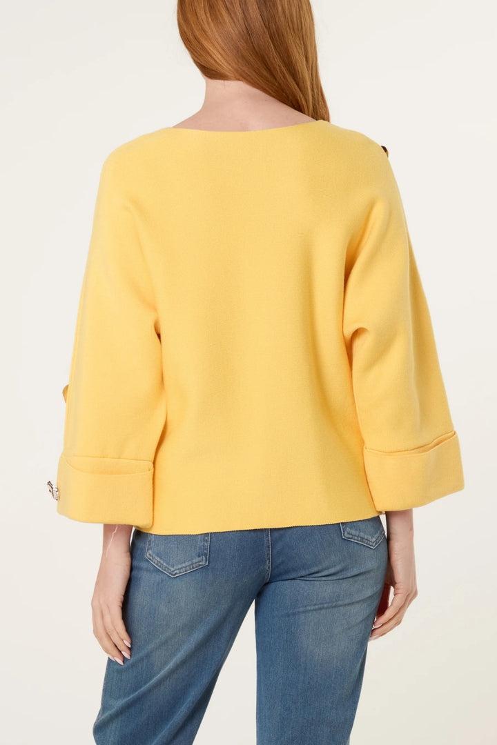 Yellow Button Sleeve Rib Knit Jumper