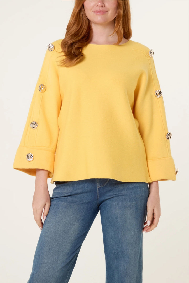 Yellow Button Sleeve Rib Knit Jumper