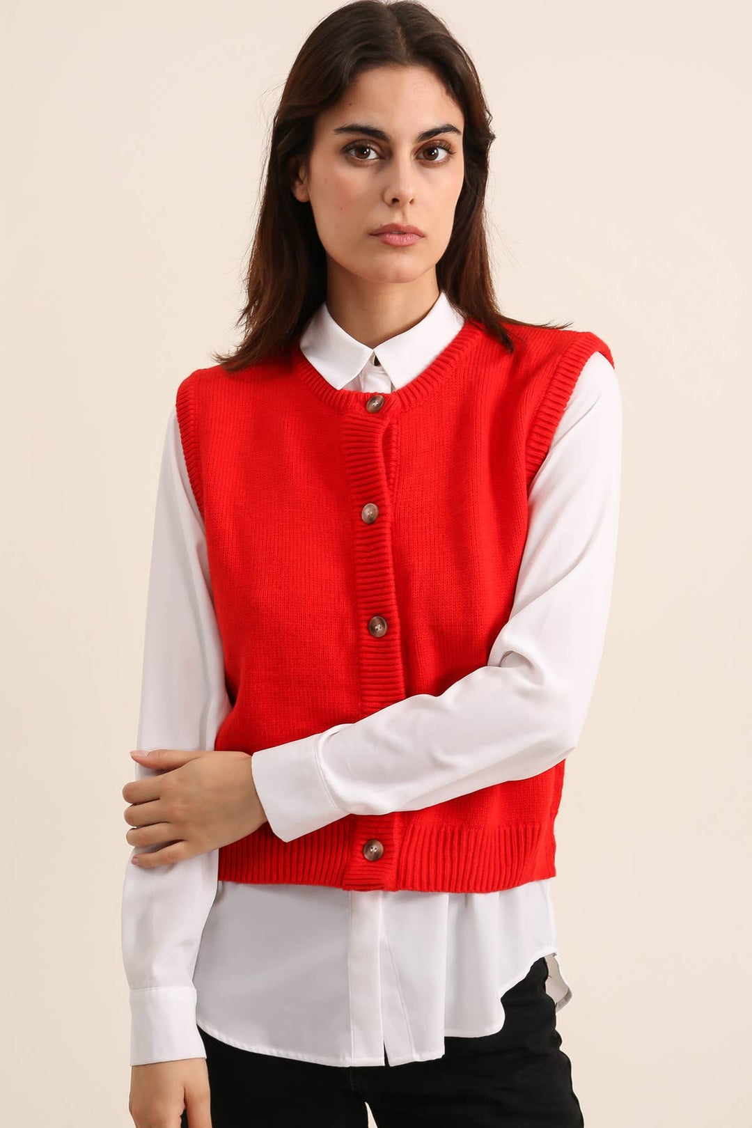 Wool Blend Button Through Red Sleeveless Waistcoat