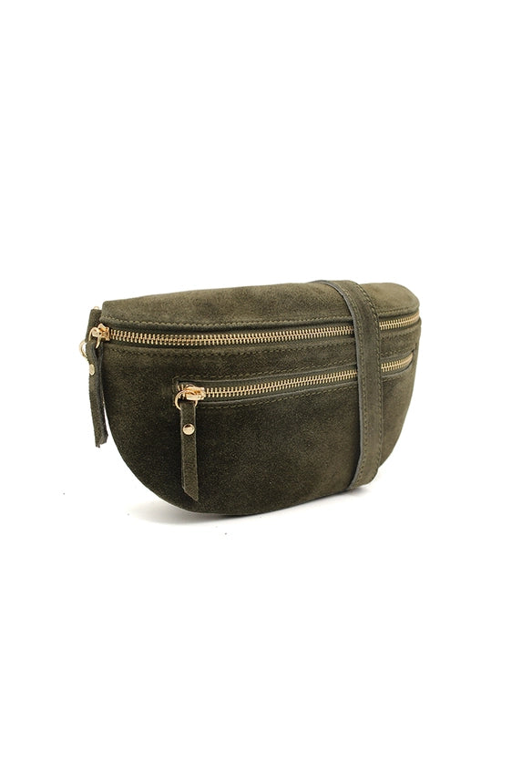 Khaki Suede Half Moon Crossbody Bag