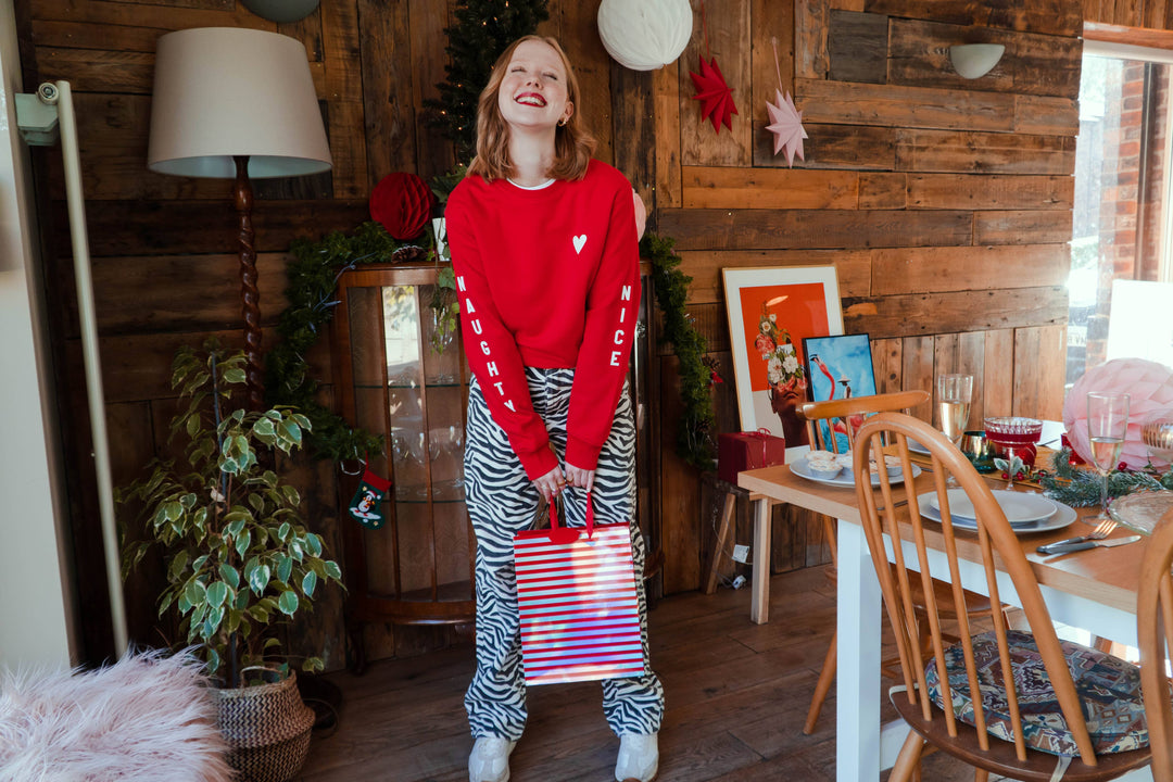 Red Naughty or Nice Sleeve Christmas Jumper