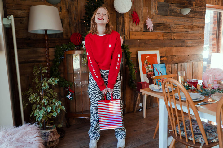 Red Naughty or Nice Sleeve Christmas Jumper