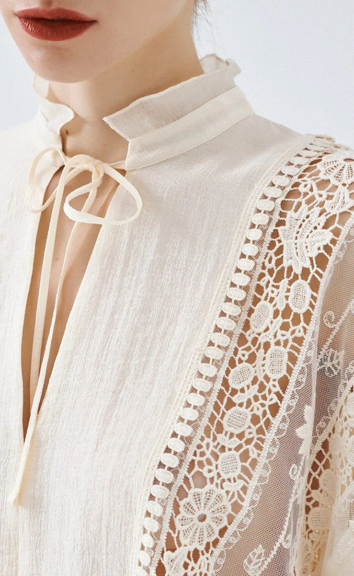 Access 63-2087-850 Vanilla Cream Lace Panel V-Neck Blouse