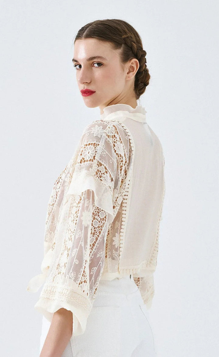 Access 63-2087-850 Vanilla Cream Lace Panel V-Neck Blouse