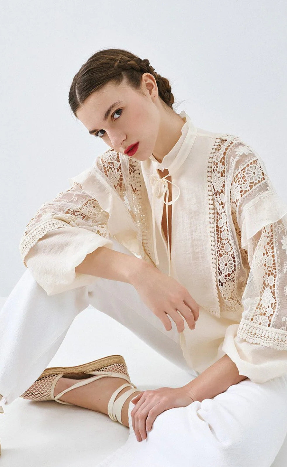 Access 63-2087-850 Vanilla Cream Lace Panel V-Neck Blouse