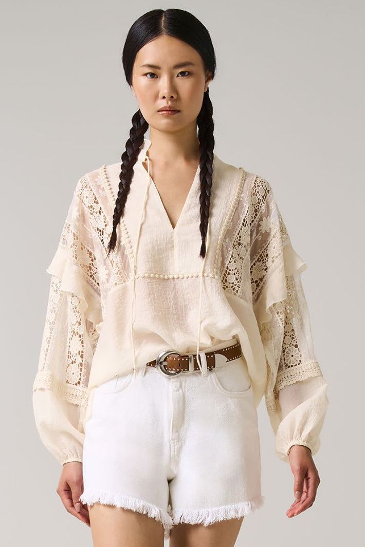 Access 63-2087-850 Vanilla Cream Lace Panel V-Neck Blouse