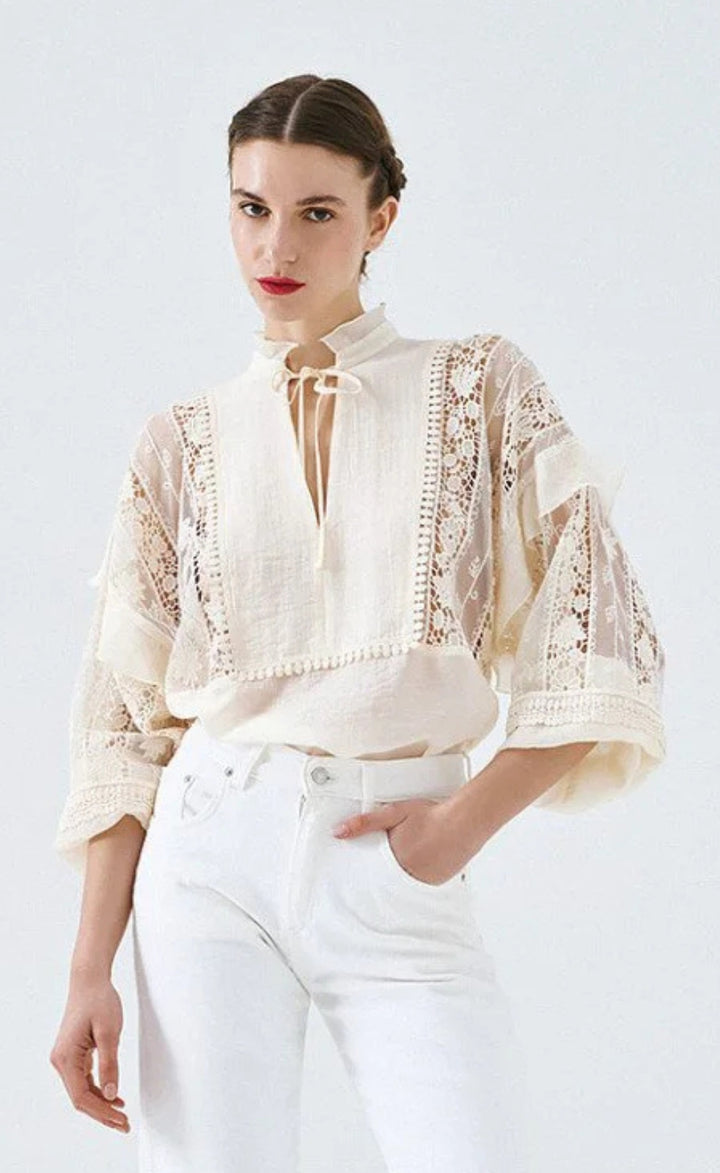Access 63-2087-850 Vanilla Cream Lace Panel V-Neck Blouse