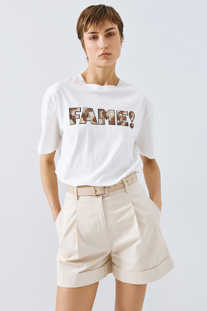 Access 63-2140-110 White Brown Sequin Fame Motif T-Shirt