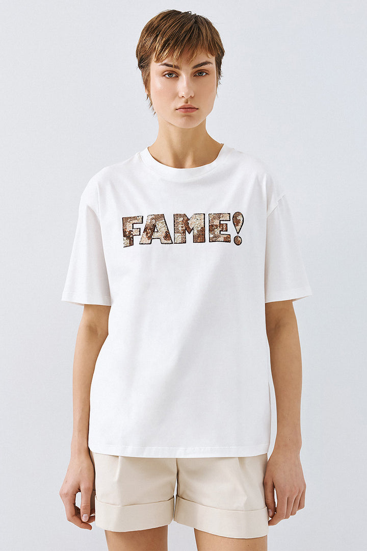 Access 63-2140-110 White Brown Sequin Fame Motif T-Shirt